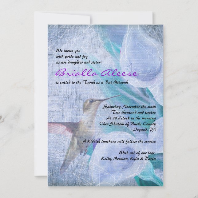 HUMMINGBIRD & CALLA LILY Invitation Bat mitzvah (Devant)