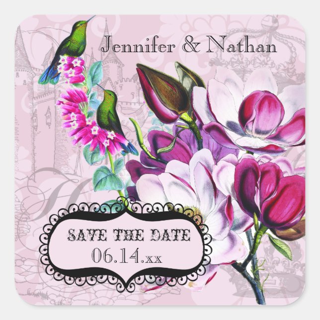 Hummingbirds Magnolias Save the Date Stickers (Devant)