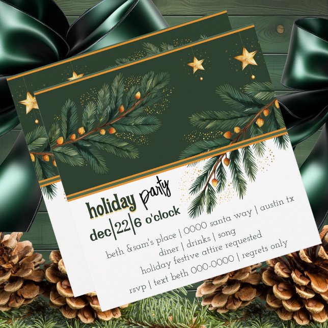 Hunter Green Holiday Pine et Gold Stars Party (Festive Holiday Party invitation with holiday tree branches and gold Christmas stars )