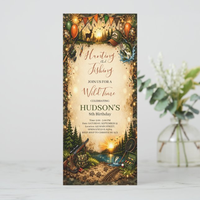 Hunting and Fishing Camo Boy birthday Invitation (Debout devant)