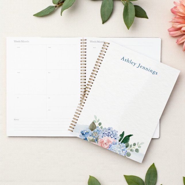 Hydrangea Bleu & Floral Rose Tendre Personnalisé (Blue and blush watercolor floral personalized planner cover design)
