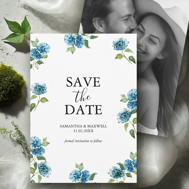 Hydrangea Carte de Pré-réservation avec Photo (blue hydrangea save the dates with hand painted watercolor art by Victoria Grigaliunas)