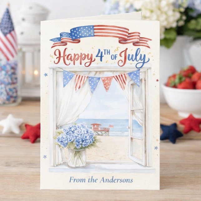 Hydrangea de Plage Côtière Joyeux 4 Juillet Carte (Créateur téléchargé)