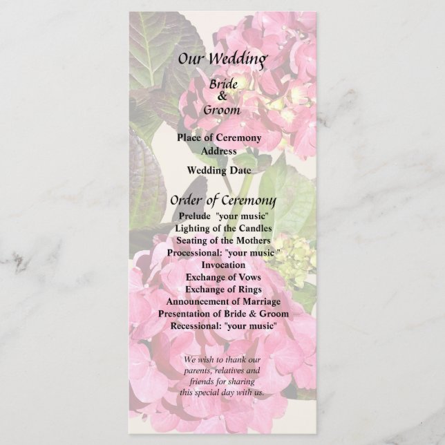 Hydrangea Rose Avec Programme De Mariage Feuille (Devant)