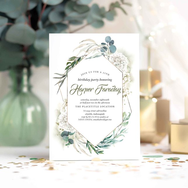 Hydrangée blanche et verdure Invitations d'anniver (Greenery and White Hydrangeas Birthday Invitations)