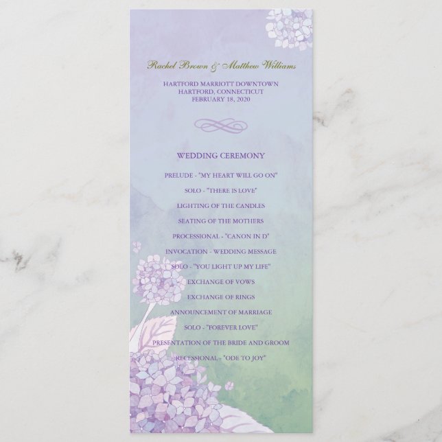 Hydrangée violette Programme de mariage vertical l (Devant)