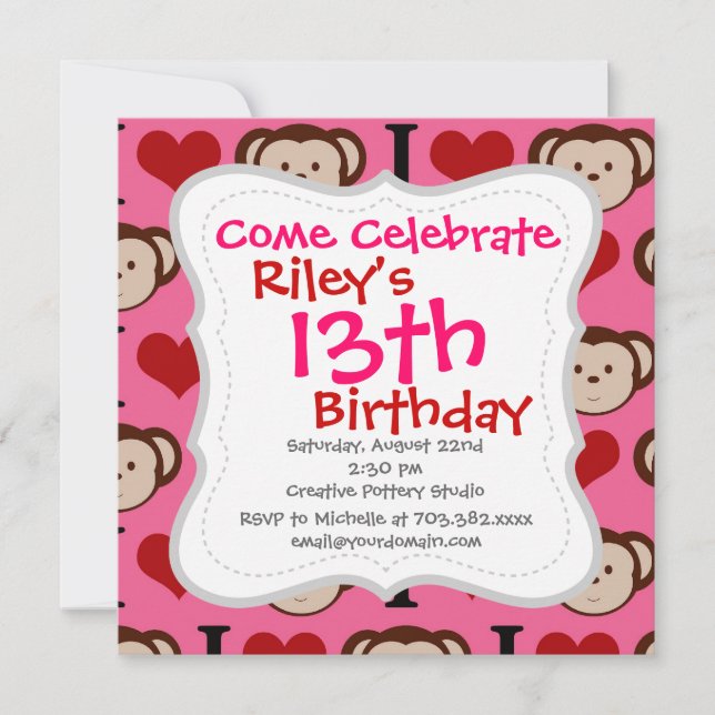I Heart Monkey Pink I Love Monkeys Invitations (Devant)