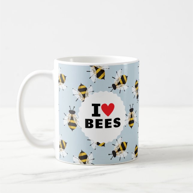 I Love Bees Patterned Sky Blue Coffee Mug (Gauche)
