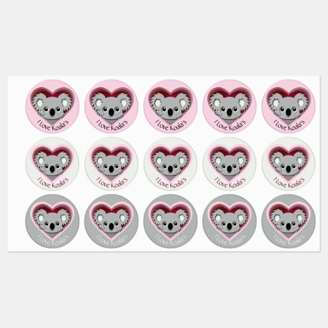 I Love Koalas Sticker Sheet Cute Koala Bear Heart (Feuille)
