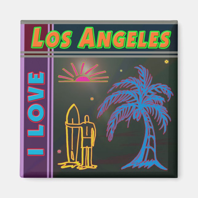 "I LOVE Los Angeles" Sun, Palm Tree&Surfer Magnet (Devant)