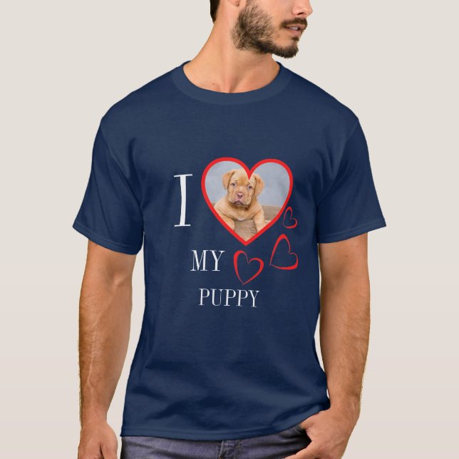 I Love My Puppy Custom Heart Photo T-shirt bleu (Devant)
