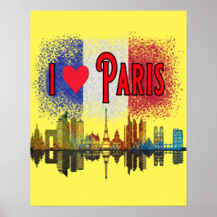 I Love Paris Skyline French Flag Poster d'Art Mur