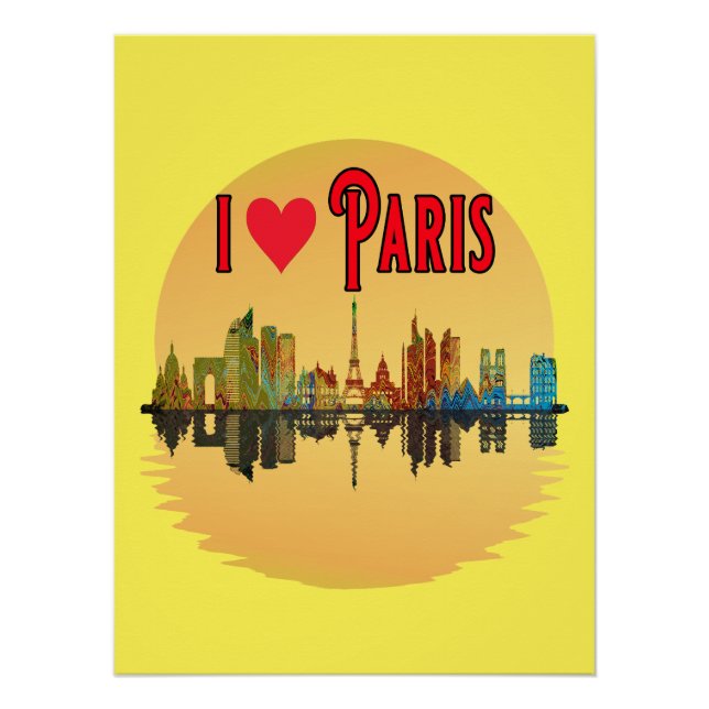 I Love Paris Skyline Sunset Wall Art Poster (Devant)