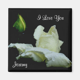 I Love You White Rosebud Magnet personnalisable