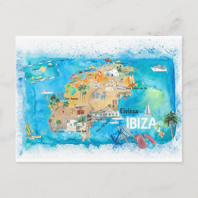 Ibiza Espagne Carte illustrée avec des monuments (Devant)