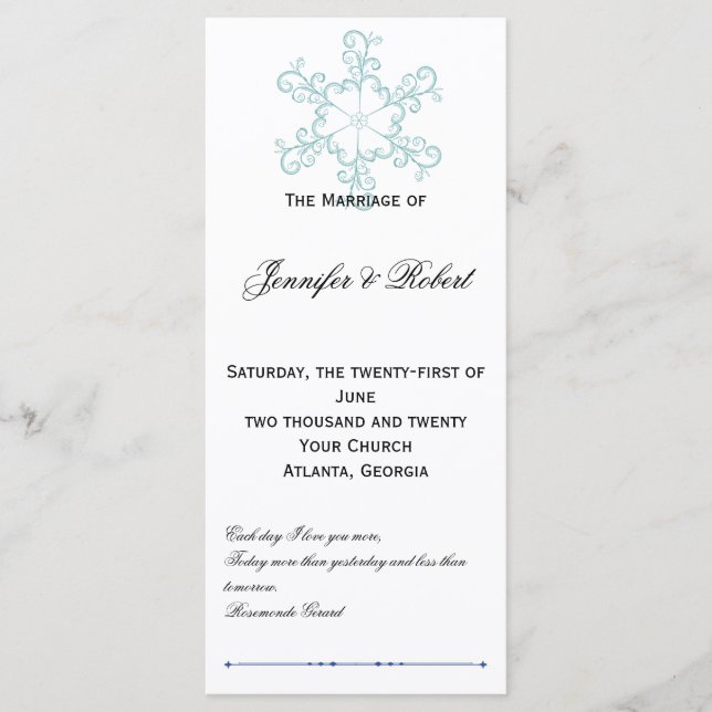 Ice Blue Heart Snowflake Programme de mariage (Devant)
