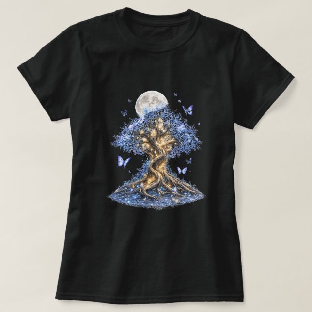 Ice Blue Moon Tree Women’s Black T-Shirt (Design devant)