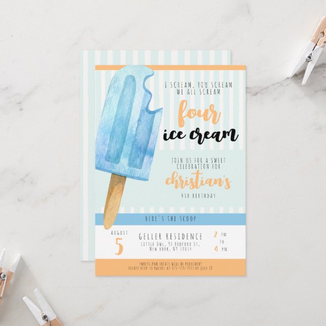 Ice Cream 4th Birthday Party Invitation (Devant/Arrière en situation)