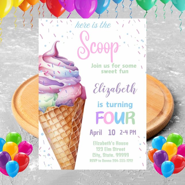 Ice Cream 4th Birthday Party Invitation (Créateur téléchargé)