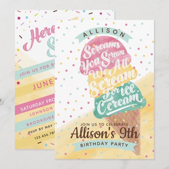 Ice Cream Cone Scoops Anniversaire Fête Invitation (Devant / Derrière)