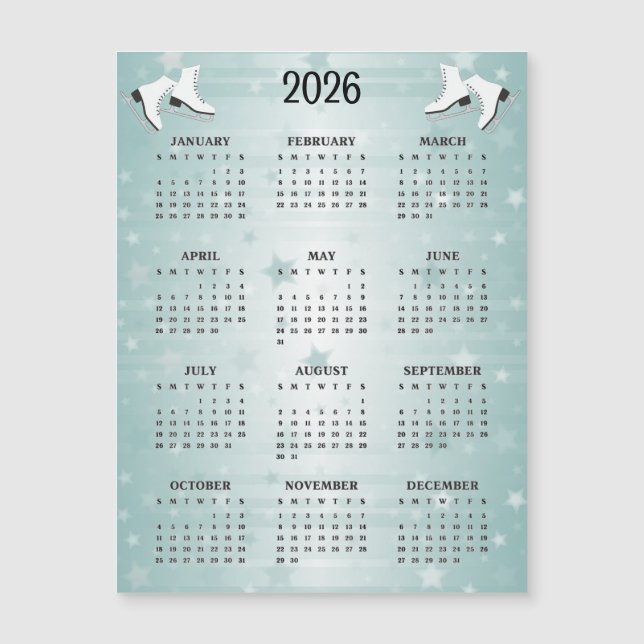 Ice Skates Design 2026 Calendar Magnetic Card (Devant)
