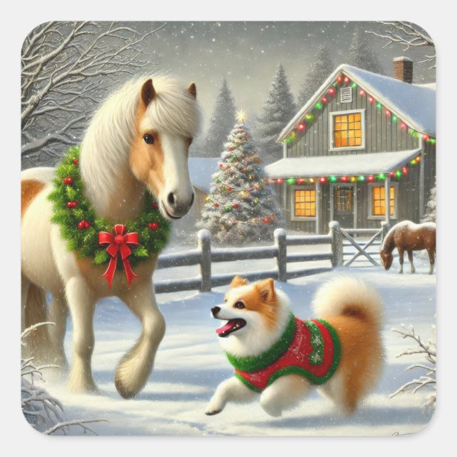 Icelandic Horse and Dog Christmas Sticker (Devant)