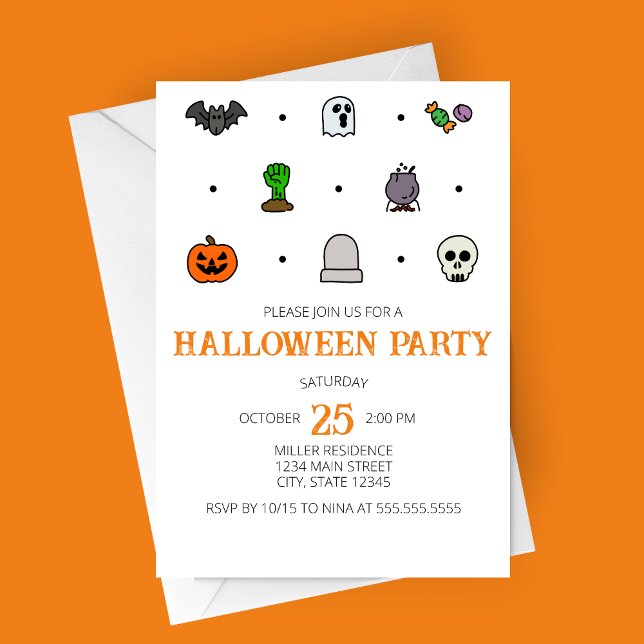Icônes de ligne d'Halloween Invitation de fête d'H (Halloween icons Halloween Party Invitation | Bat, Ghost, Candy, Zombie, Cauldron, Tombstone, Skull)