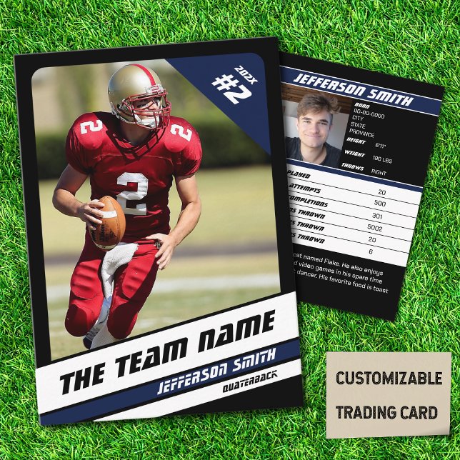 Idée Cadeau Sport Cartes à Collectionner Équipe de (American Football Player Trading Card in Black with Custom Team and Player Name with Blue Stripes
)