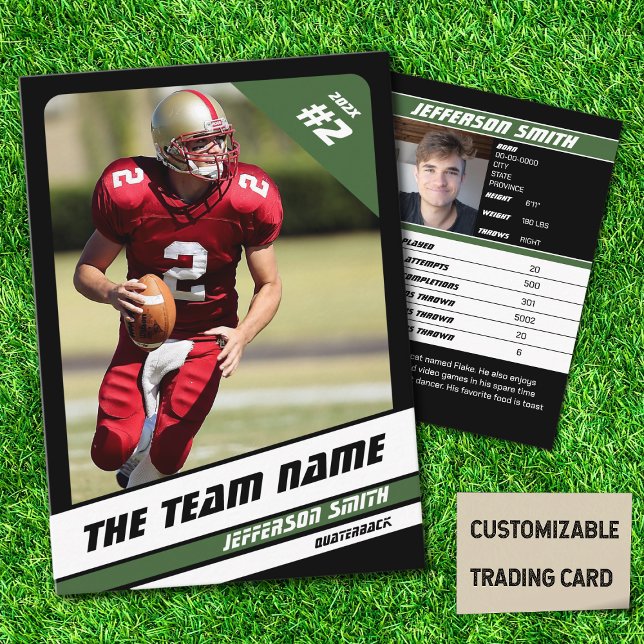 Idée Cadeau Sport Cartes à Collectionner Équipe de (American Football Player Trading Card in Black with Custom Team Name with Green Stripes
)