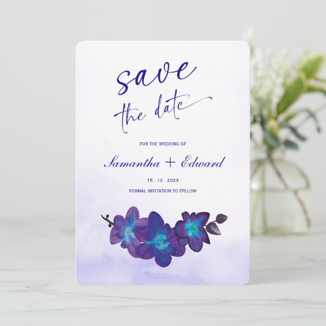 Idées de carte d'annonce de mariage Orchidée Bleue (Debout devant)