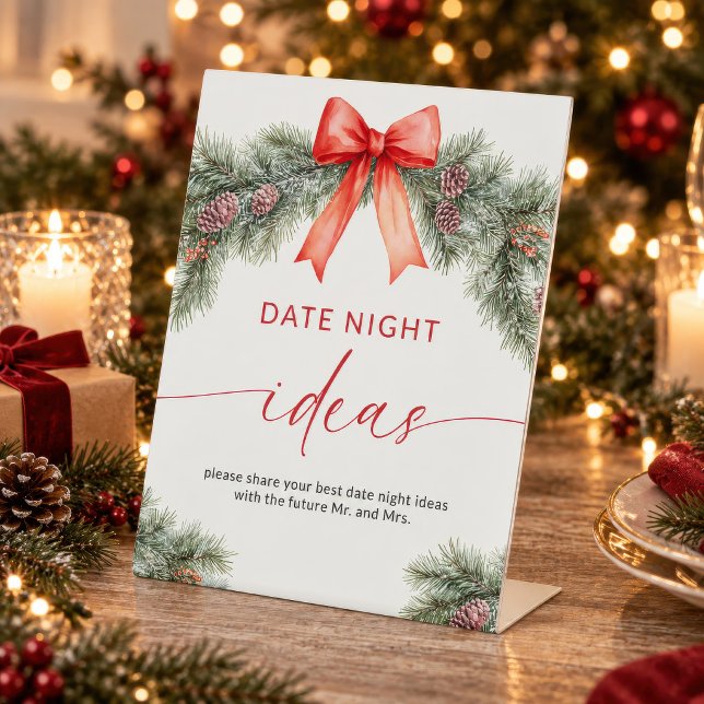 Idées de soirée de Noël pour couples panneau (Caption: "Red Bow Christmas Date Night Ideas sign displayed on an easel with candles and pine)