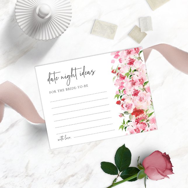 Idées de soirée romantique florale (Watercolor Red and Pink Floral Date Night Ideas Card for Bridal Showers)