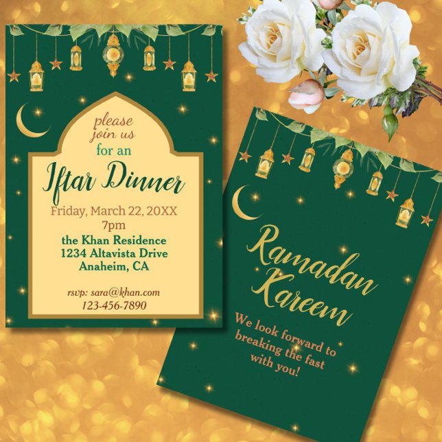 Iftar Ramadan Invitation Élégant Vert, Or, Lune (Invite friends + family to break the day's Ramadan fast with this elegant Iftar dinner invitation.)