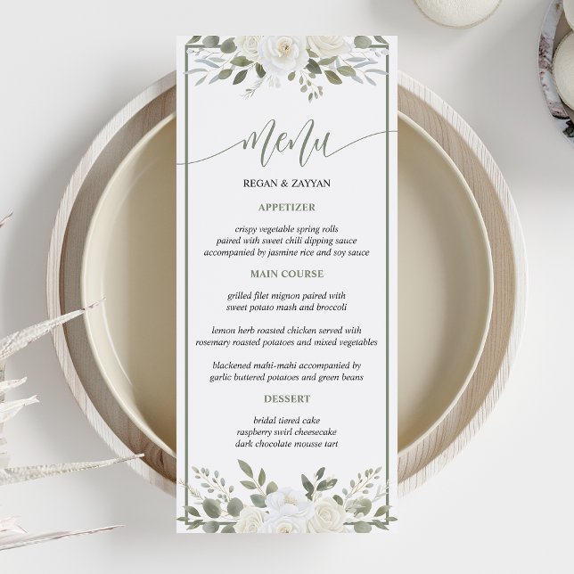 Iivoire Et Sage Élégant Menu Mariage Floral (Créateur téléchargé)