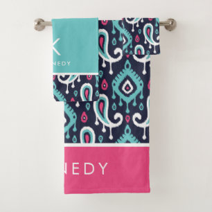 Ikat Paisley Monogramme Rose et Marine