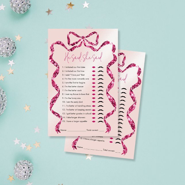 Il A Dit, Elle A Dit Pink Bow Fête des mariées Jeu (glitter pink bow bridal shower games)