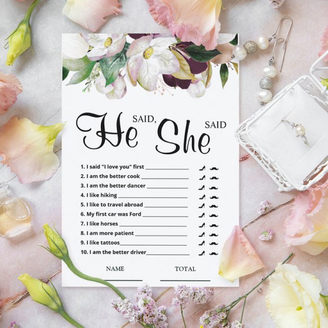 Il a dit qu'elle a dit Burgundy Floral Bridal Game (Créateur téléchargé)