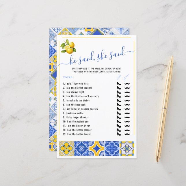 Il a dit qu'elle avait dit Blue Bridal Shower (Devant/Arrière en situation)