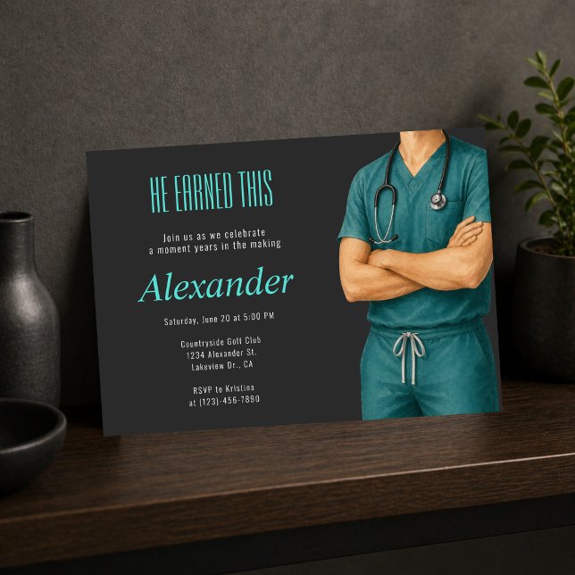 Il a mérité cette invitation à la remise des diplô (He earned this doctor graduation invite, modern teal medical celebration design)