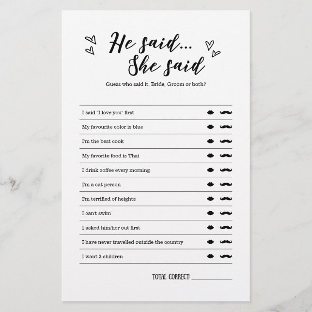 Il dit qu'elle a dit jeu pour Mariage ou Fête des  (Devant)