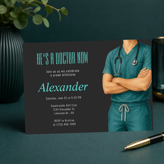 Il est maintenant médecin Invitation photo (He’s a Doctor Now invitation, modern teal medical graduation party design)