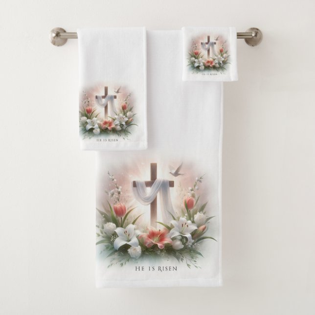 Il est ressuscité Croix de Pâques avec des fleurs (En situation)