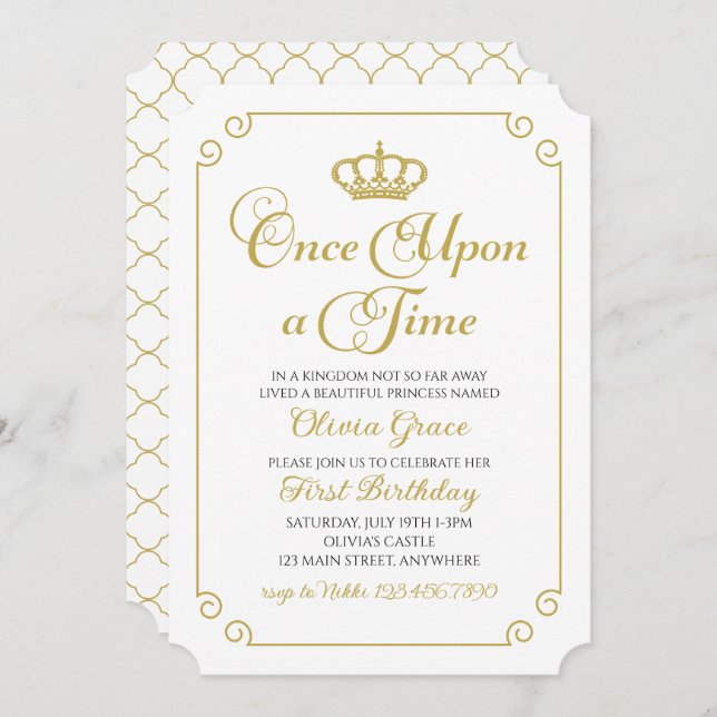 Il était une fois Gold Princess Invitation anniver (Devant / Derrière)