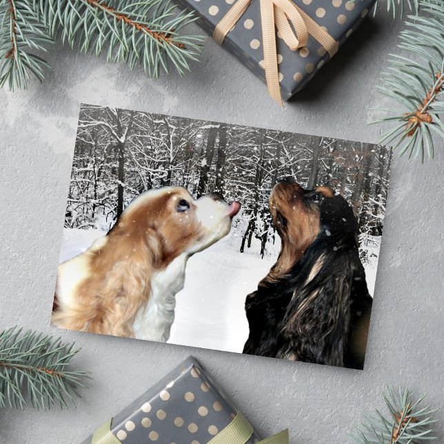 Il neige sur la carte Cavalier King Charles Spanie (Catching snowflakes Cavaliers for a Christmas greeting. )