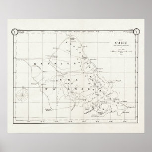 Île d'Oahu, Hawaï, affiche 1887 vintage de carte