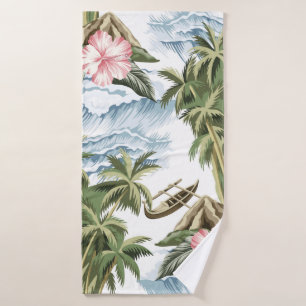 Ile vintage hawaïenne, palmier, bateau, rose