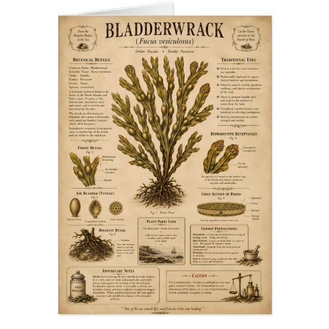 Illustration botanique de l'algue Bladderwrack dan (Devant)