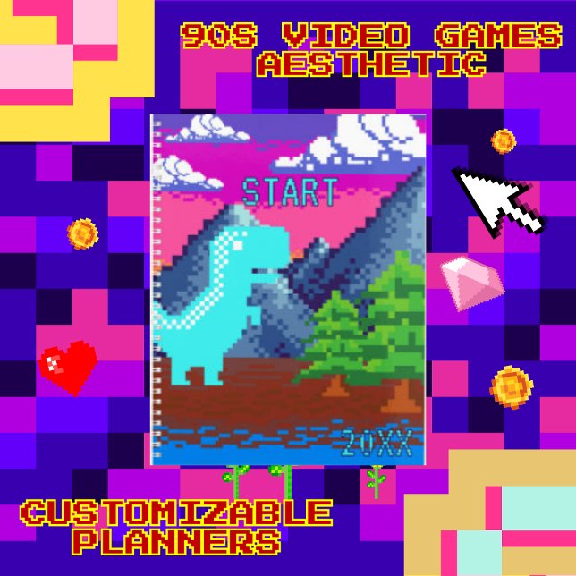Illustration de dinosaure pixelisé de joueur pixel (This funny nostalgic design features pixel art of a Dinosaur in naturen.I've used a pop color palett)