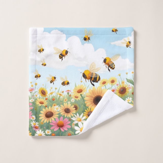 Illustration de fleurs et d'abeilles mignonnes (Gant de toilette)