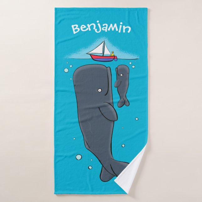Illustration de mignons baleines et voiliers (Serviette de bain)